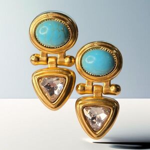 18k Gold Plated Turquoise Cabochon Zircon Crystal Doorknocker Earrings